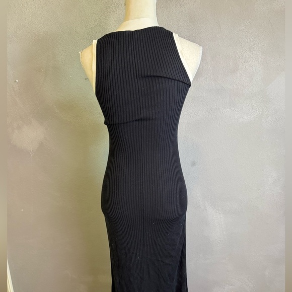 SANDRO Black White Ribbed Knit Beige Button Placket Gabriel Maxi Dress Size 34 - Picture 11 of 12